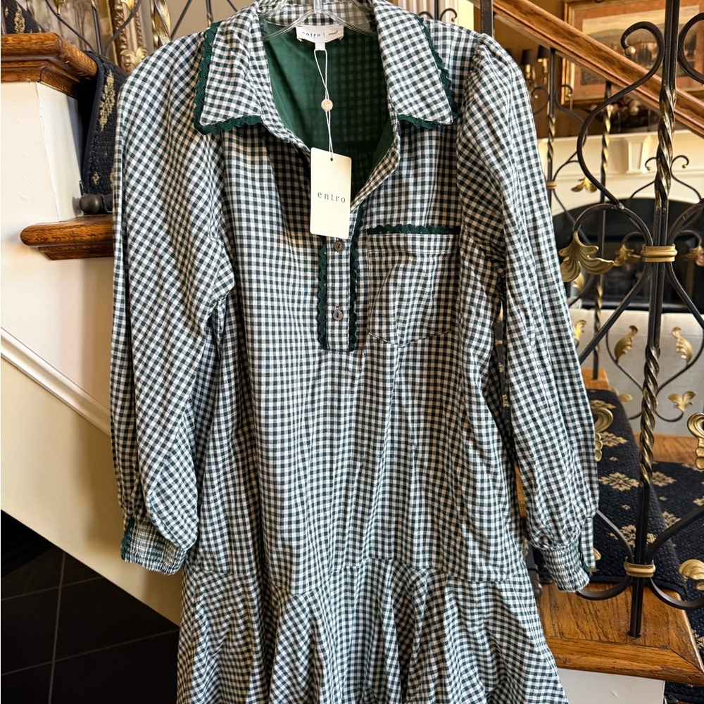 Entro Commander Forest Check Mini Dress. Size S NWT .Lined. Button front. - Picture 3 of 11